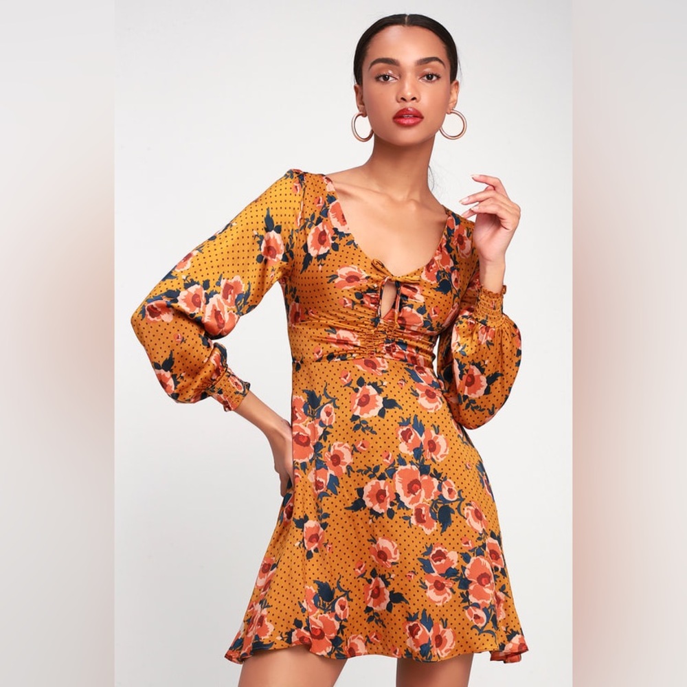 FREE PEOPLE Morning Light Golden Yellow Print Long Sleeve Mini Dress